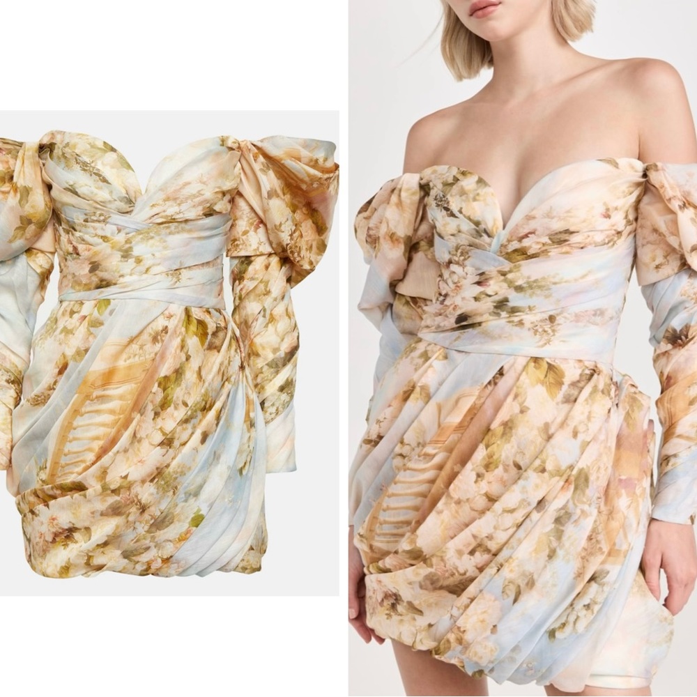 Zimmermann Off-Shoulder Floral Mini Dress in Pastel Blue and Beige